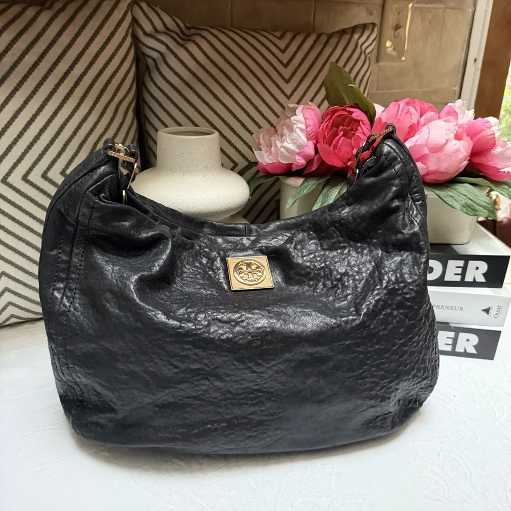 Tory Burch Black Leather Hobo with Gold Chain Detail